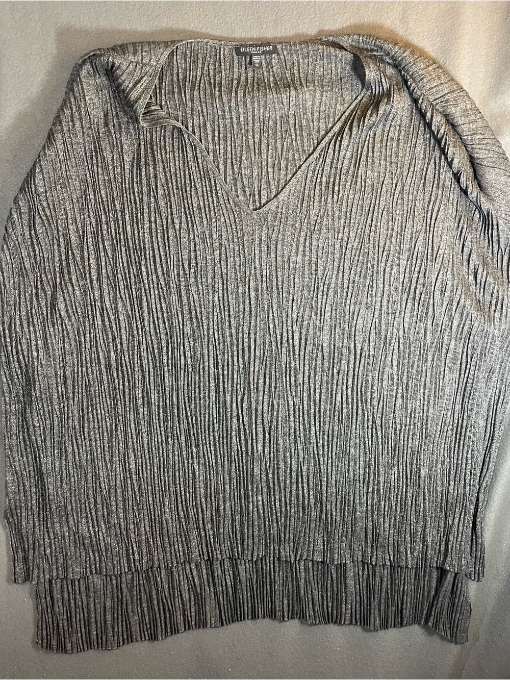 Eileen Fisher Woman Metallic Charcoal Crinkled V-Neck Tunic Top - Size 2X